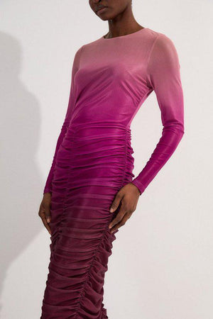 Karen Millen UK SALE Ombre Printed Mesh Ruched Long Sleeve Maxi Dress - pink