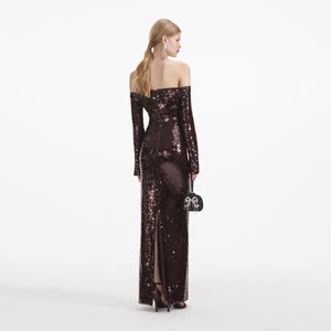 SELF PORTRAIT SS24 Brown Sequin Off Shoulder Maxi Dress