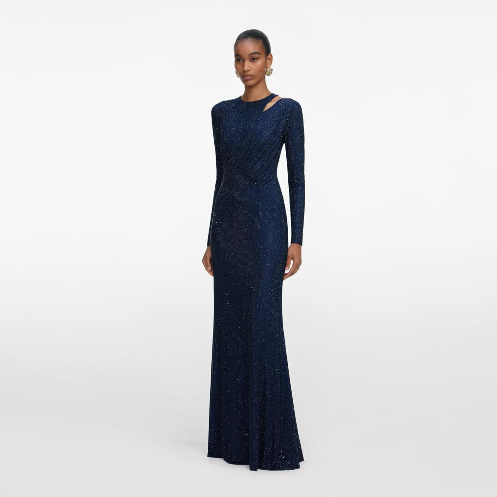 SP VIP PRICE Navy Rhinestone Mesh Cut Out Maxi Dress