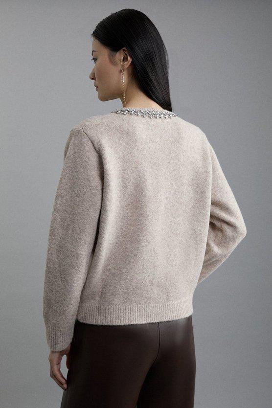 Karen Millen UK SALE Embellished Trim Cosy Knit Cardigan - oatmeal