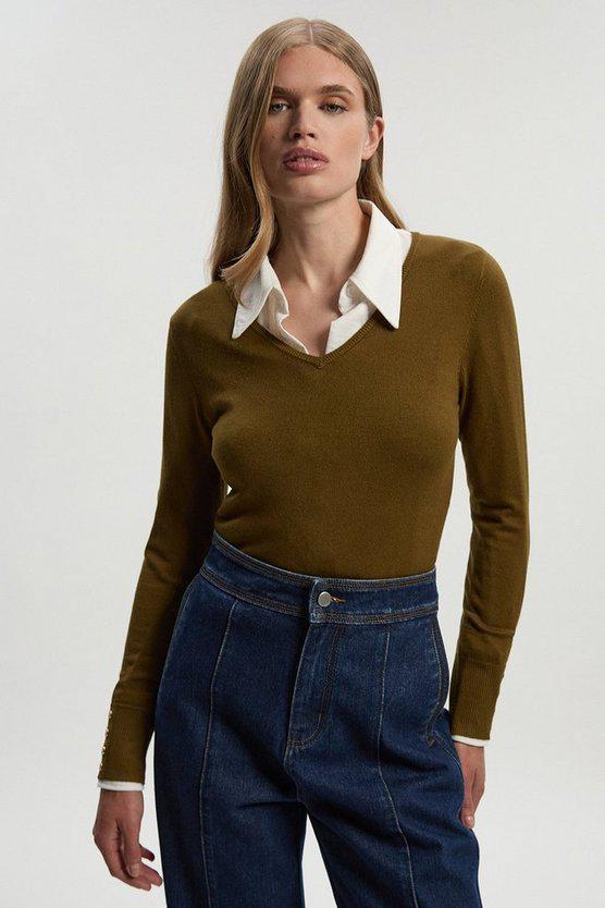 Karen Millen UK SALE Viscose Blend Knitted V Neck Jumper - olive