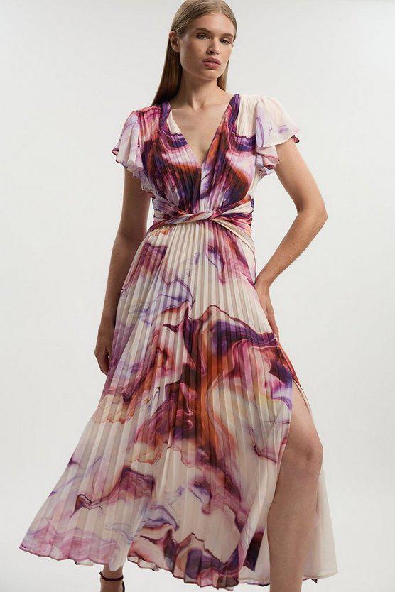 Karen Millen UK SALE Marble Soft Pleated V Neck Woven Maxi Dress