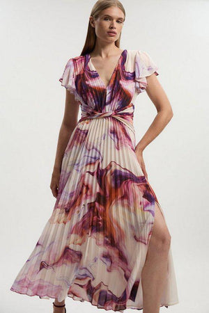Karen Millen UK SALE Marble Soft Pleated V Neck Woven Maxi Dress