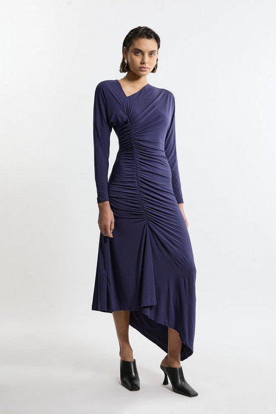 Karen Millen UK SALE Jersey Crepe Ruched Long Sleeve Midi Dress - navy