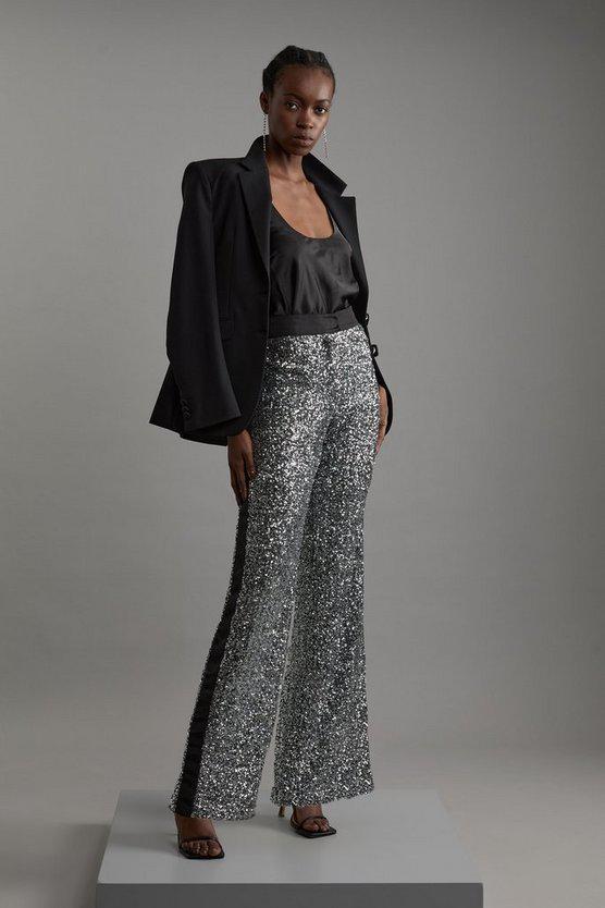 Karen Millen UK SALE Sequin High Waisted Wide Leg Trousers - gun metal