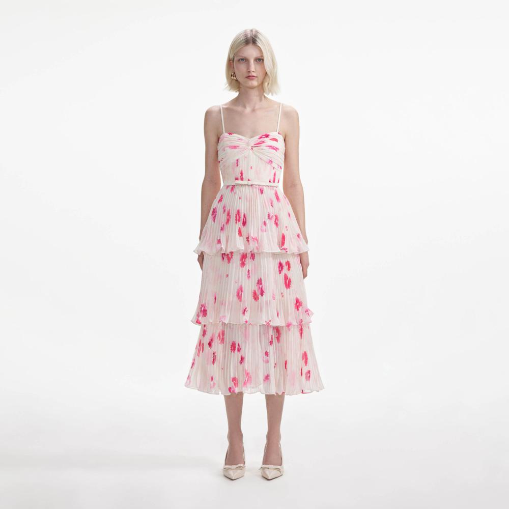 SELF PORTRAIT SS24 Printed Chiffon Tiered Midi Dress