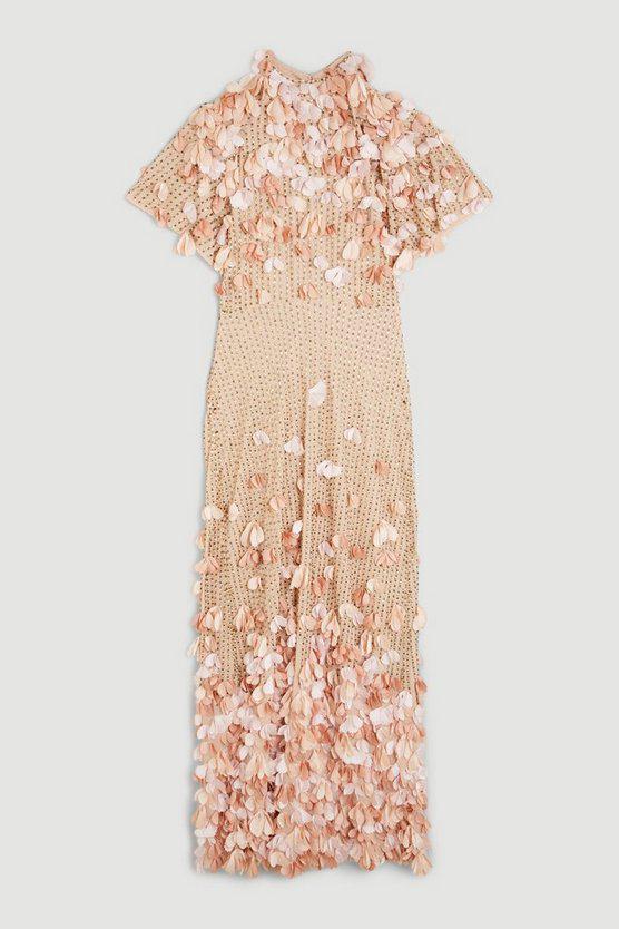 Karen Millen UK SALE Crystal Applique Angel Sleeve Woven Midaxi Dress - pink