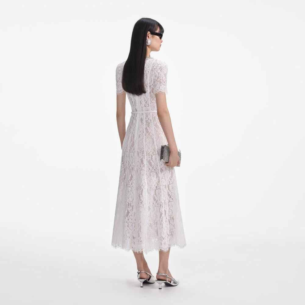 SELF PORTRAIT SS24 White Sequin Lace Midi Dress