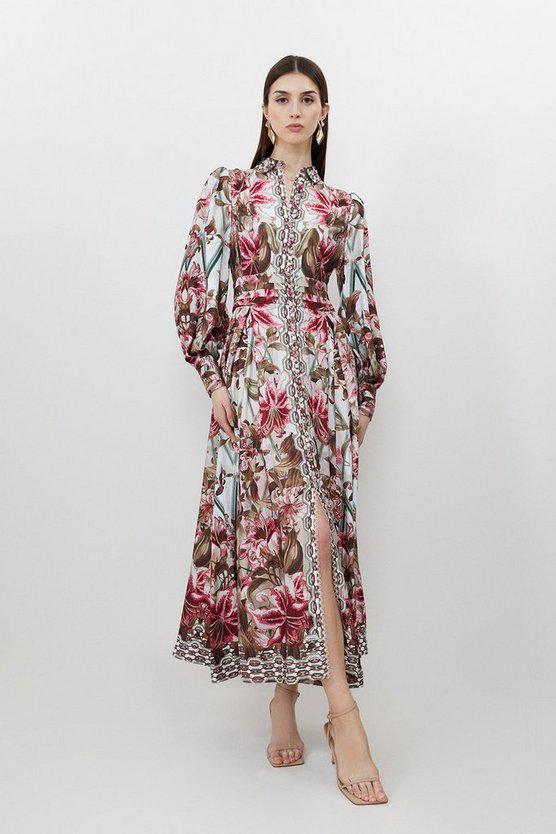 Karen Millen UK SALE Linen Viscose Border Print Floral Woven Maxi Dress