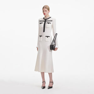 SELF PORTRAIT SS24 White Knit Contrast Trim Midi Dress