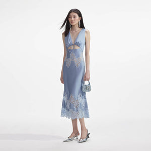 SELF PORTRAIT SS24 Blue Satin Lace Insert Midi Dress