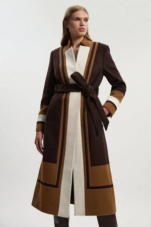 Karen Millen UK SALE Brushed Wool Colour Block Tailored Belted Midi Coat