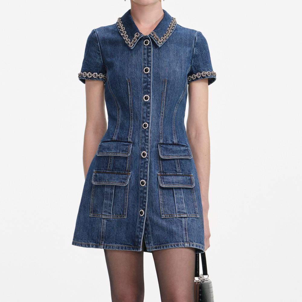 SP VIP PRICE Denim Crystal Trim Collared Mini Dress
