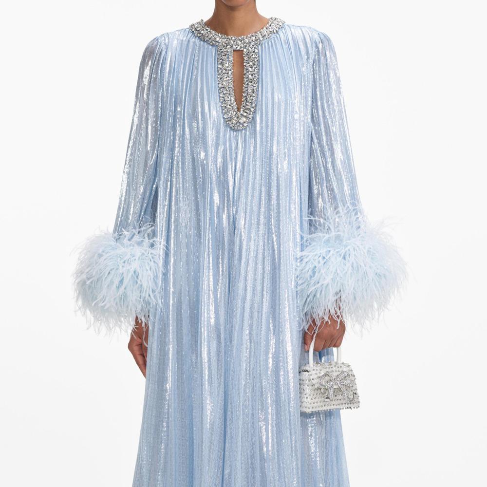 SELF PORTRAIT SS24 Blue Metallic Chiffon Feather Midi Dress