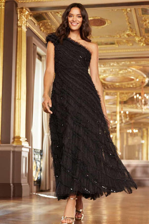 Needle & Thread SPRING/SUMMER Spiral Sequin One-Shoulder Ankle Gown - black