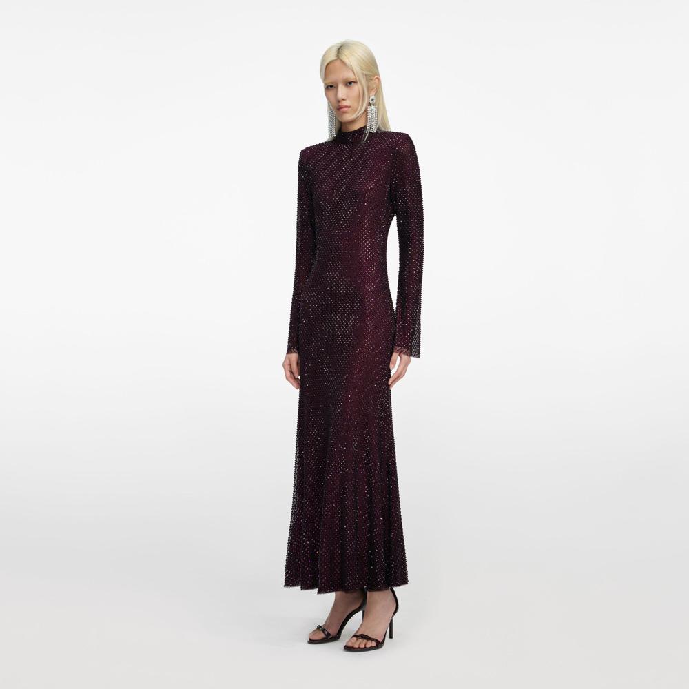 SP VIP PRICE Burgundy Rhinestone Fishnet Midi Dress