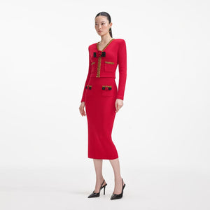 SELF PORTRAIT SS24 Red Textured Knit Corsage Midi Skirt