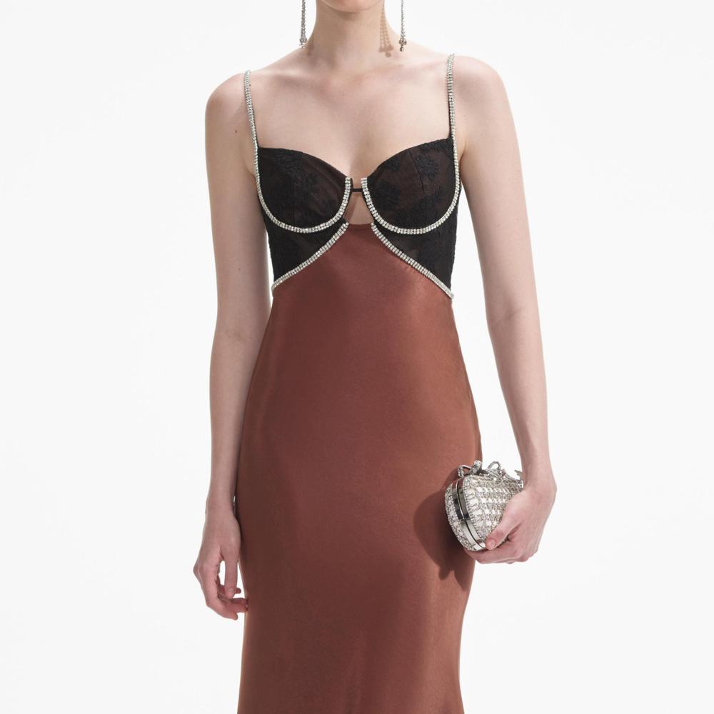 SELF PORTRAIT SS24 Brown Satin Diamante Maxi Dress