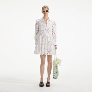 SELF PORTRAIT SS24 White Cotton Lace Mini Shirt Dress