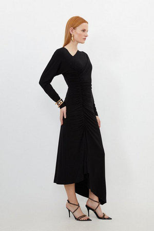 Karen Millen UK SALE Jersey Crepe Ruched Long Sleeve Midi Dress - black