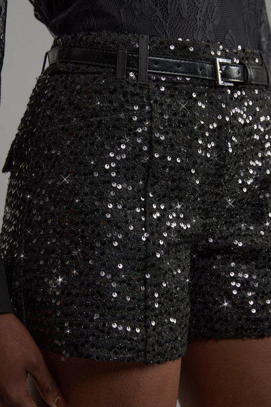 Karen Millen UK SALE Tailored Sequin Tweed Shorts - black