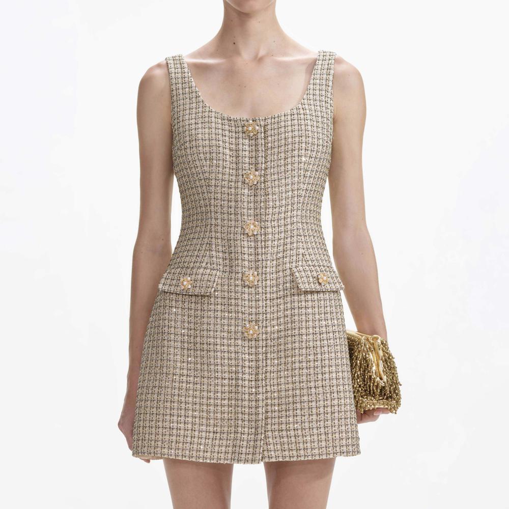 SELF PORTRAIT SS24 Gold Boucle Mini Dress