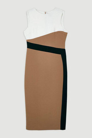 Karen Millen UK SALE Compact Stretch Colourblock Tailored Pencil Dress - camel