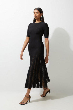Karen Millen UK SALE Viscose Blend Filament Full Skirt Knit Midi Dress - black