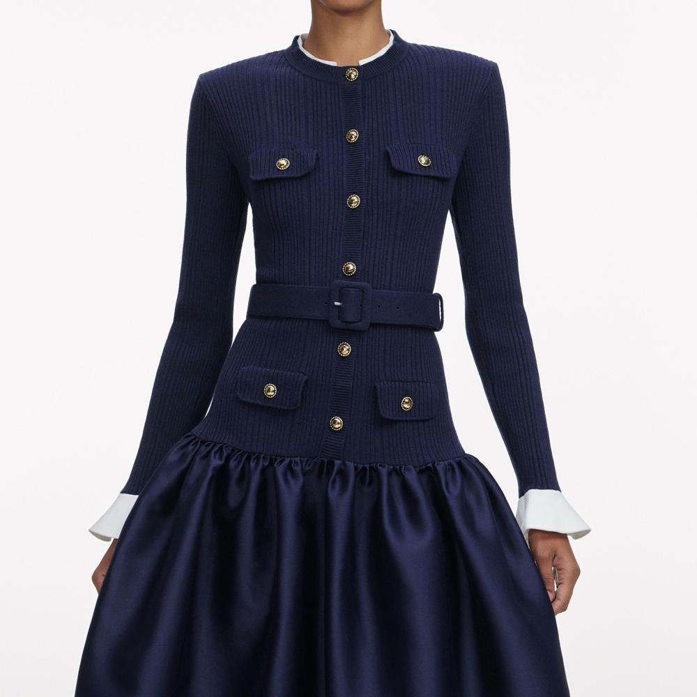 SP VIP PRICE Navy Knit Taffeta Midi Dress