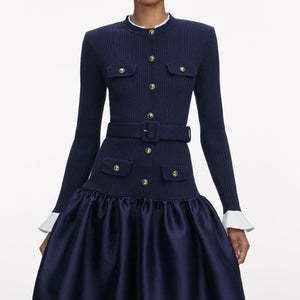 SP VIP PRICE Navy Knit Taffeta Midi Dress