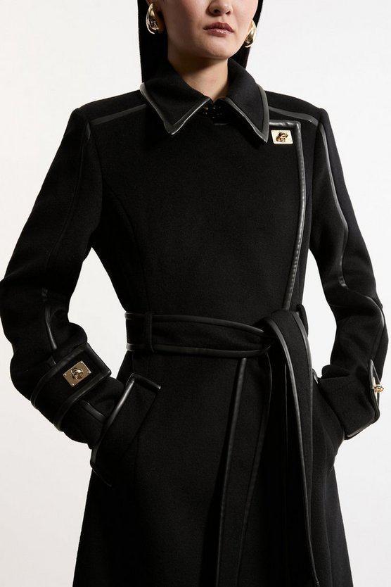 Karen Millen UK SALE Brushed Wool Pu Trim Belted Tailored Double Breasted Midi Coat - black