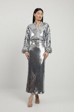 Karen Millen UK SALE Sequin Front Split Woven Midi Skirt - silver