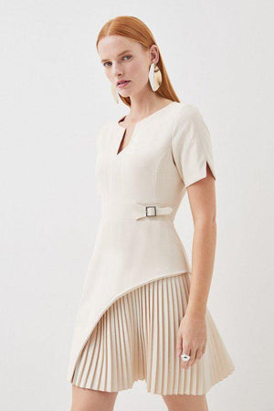 Karen Millen UK SALE Tailored Military Pleat Short Sleeve Mini Dress - cream