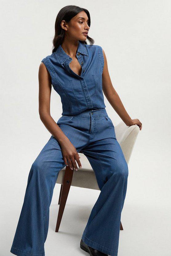 Karen Millen UK SALE Chambray Stretch Denim Wide Leg Trouser - mid blue