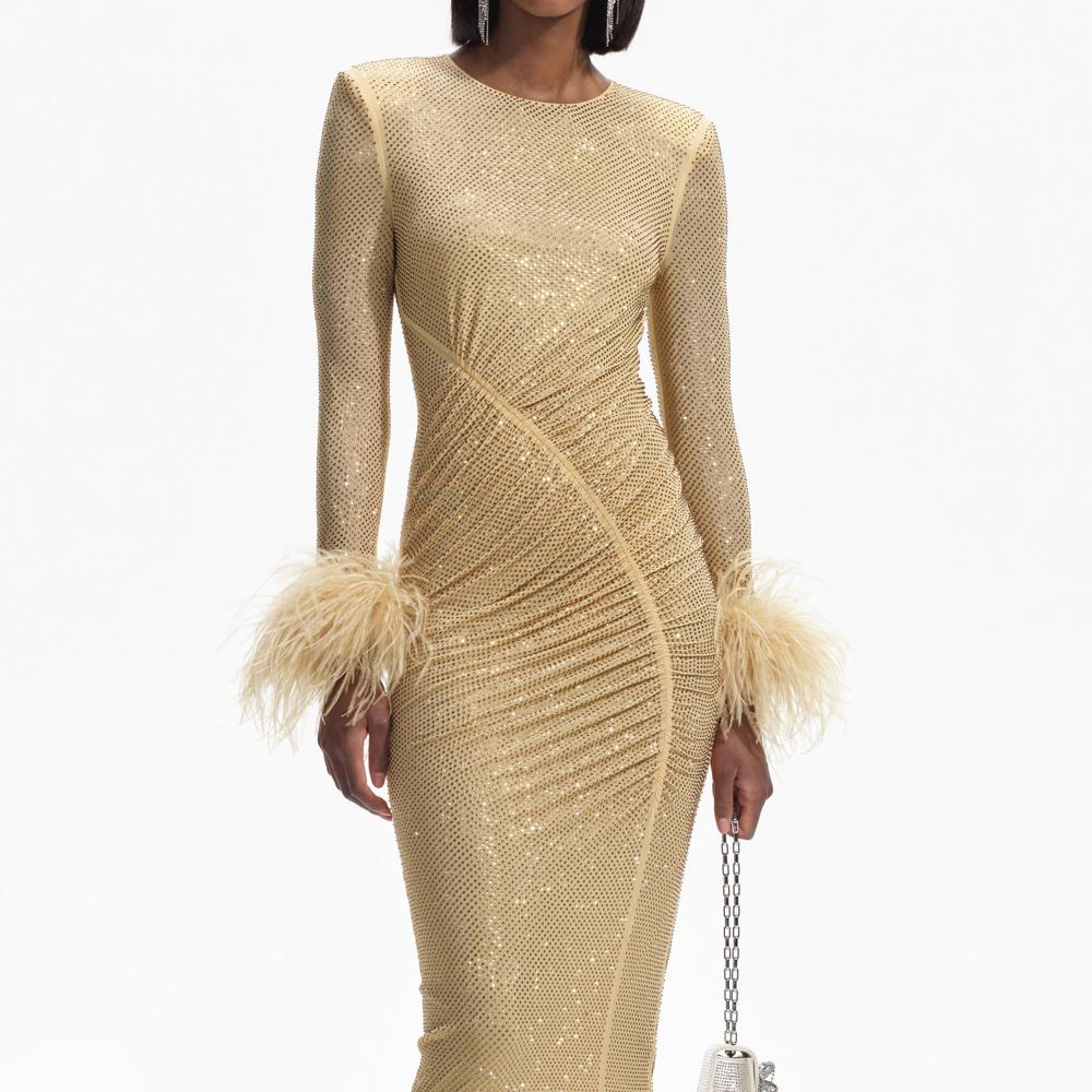 SELF PORTRAIT BLACK FRIDAY SALE Gold Rhinestone Feather Midi Dress