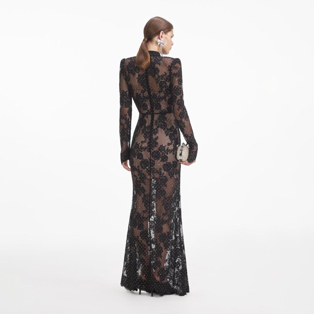 SELF PORTRAIT VIP SS24 Black Rhinestone Lace Maxi Dress