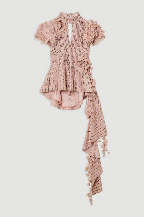 Karen Millen UK SALE Crystal Embellished Applique Woven Peplum Top - blush