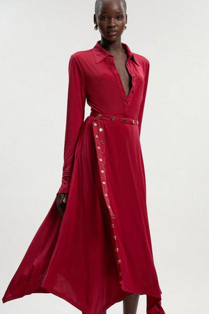 Karen Millen UK SALE Drapey Crepe Hanky Hem Eyelet Detail Maxi Skirt - burgundy