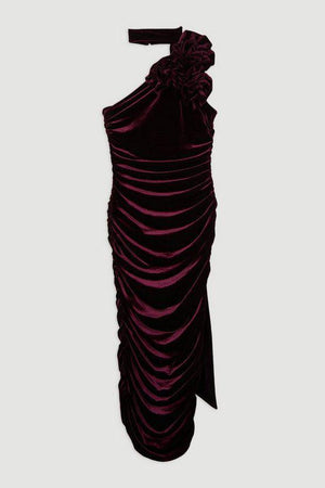 Karen Millen UK SALE Drapey Ruched Jersey Velvet Rosette Midi Dress - plum