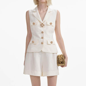 SELF PORTRAIT SS24 Cream Linen Tailored Playsuit