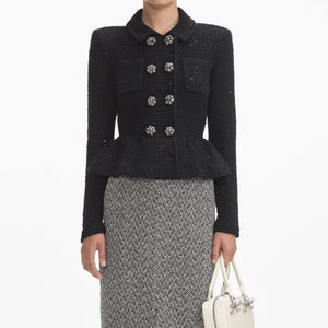 SELF PORTRAIT SS24 Black Textured Knit Peplum Jacket