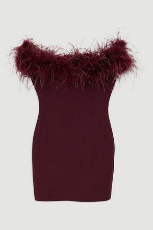 Karen Millen UK SALE Figure Form Bandage Knit Feather Bardot Mini Dress