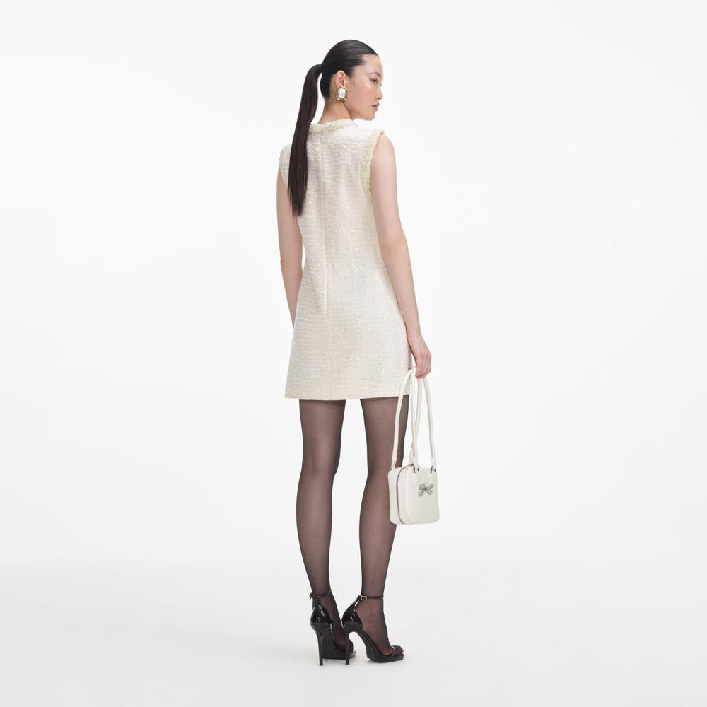 SELF PORTRAIT SS24 Cream Boucle Pearl Trim Mini Dress