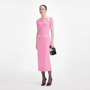 SP VIP PRICE Pink Crochet Flower Knit Midi Dress