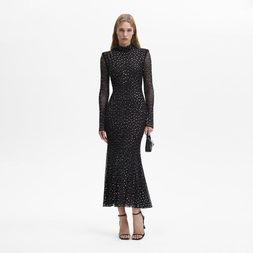 SELF PORTRAIT BLACK FRIDAY SALE Black Square Rhinestone Mesh Midi Dress