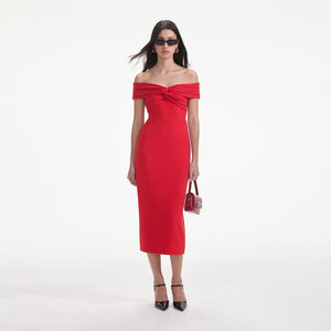 SELF PORTRAIT SS24 Red Off Shoulder Midi Dress