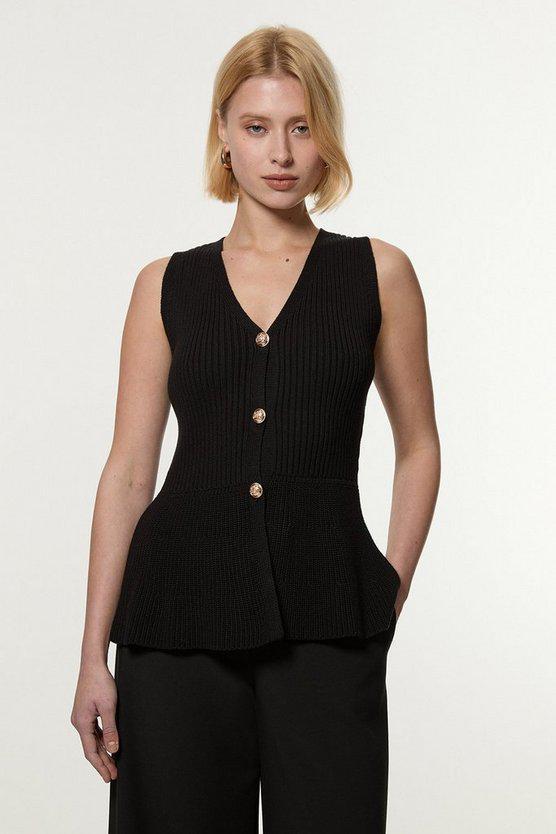 Karen Millen UK SALE Ribbed Cotton Knitted Waistcoat - black