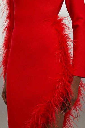 Karen Millen UK SALE Figure Form Bandage Knit Split Feather Hem Midi Dress - red