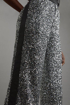 Karen Millen UK SALE Sequin High Waisted Wide Leg Trousers - gun metal