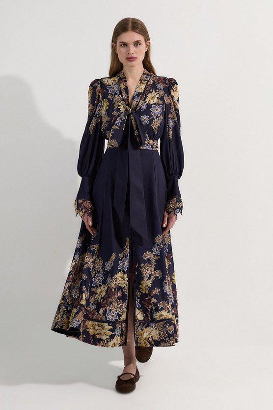 Karen Millen UK SALE Voile Floral Border Print Woven Maxi Dress With Ladder Lace Trim